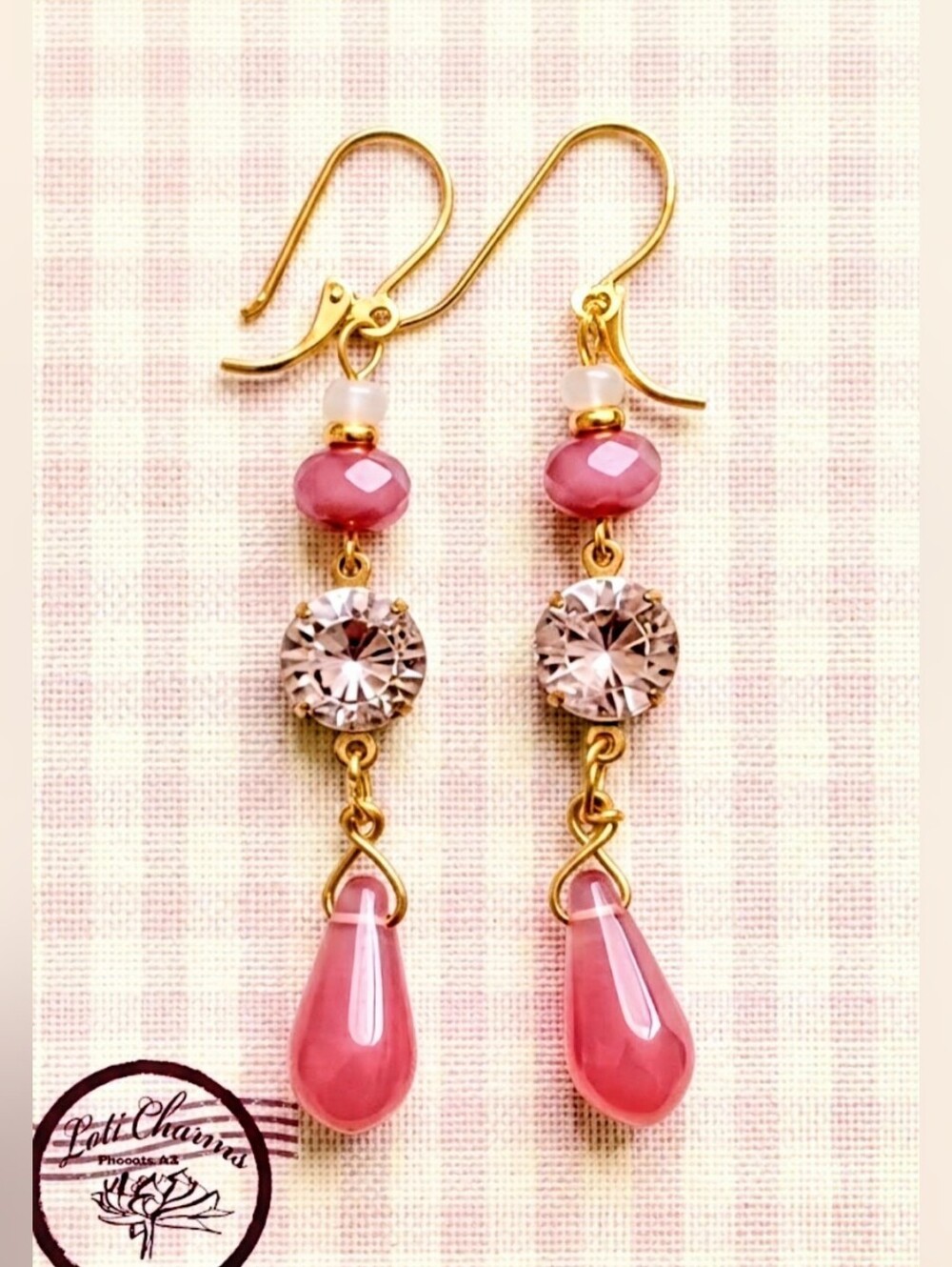 Pink Mosaic Flower Crystal & Pink Opaline Glass In Long Gold Plated Earrings